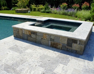 silver travertine bullnose pool coping, silver pool coping tiles, round edge pool coping, stone pavers melbourne